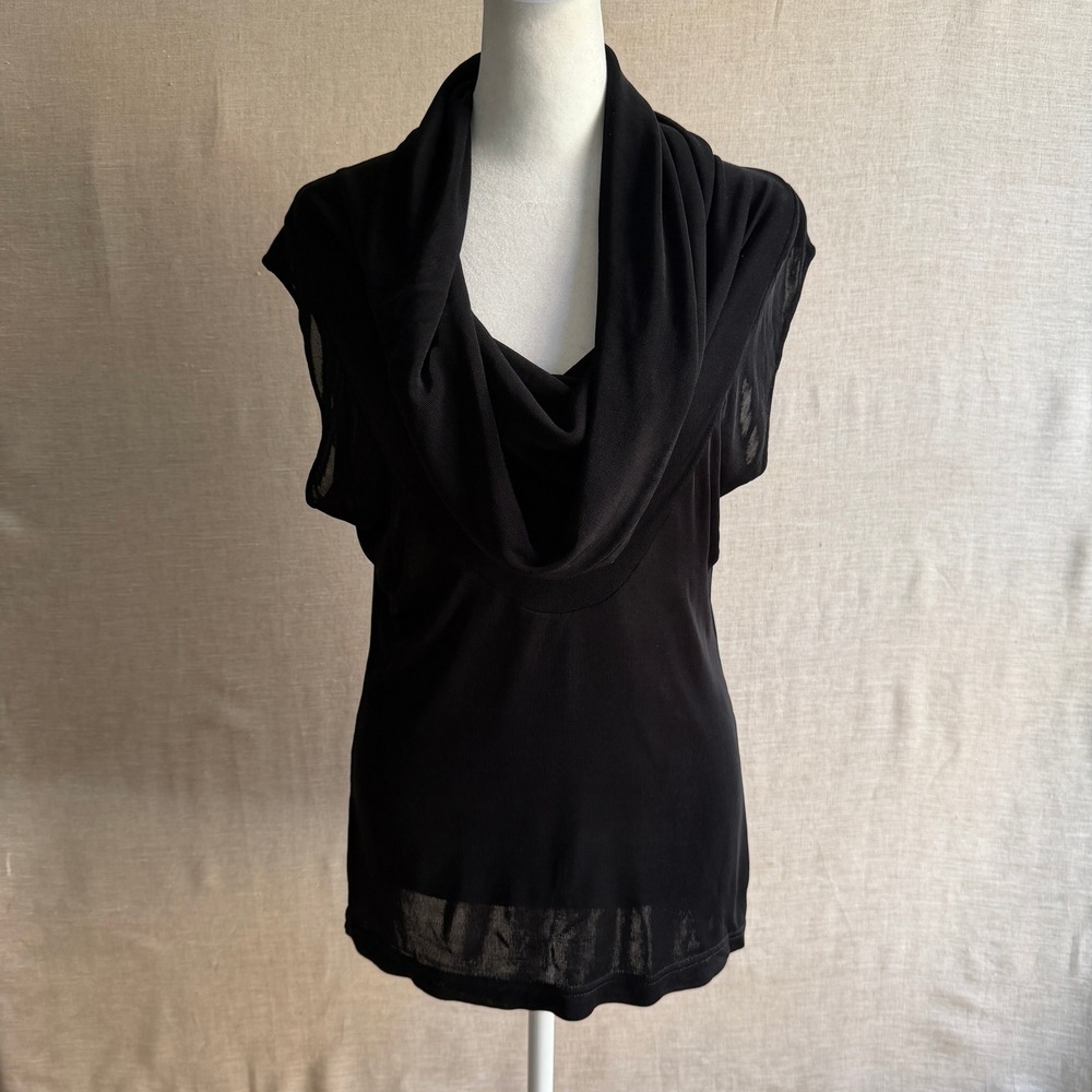 Ali Khan Cowl Neck Cap Sleeve Top Black Jersey Mesh Trim Minimalist Medium